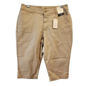 St Johns Bay Womens Capri Pants Khaki Tan Mid Rise Tummy Control 12 Petite NEW